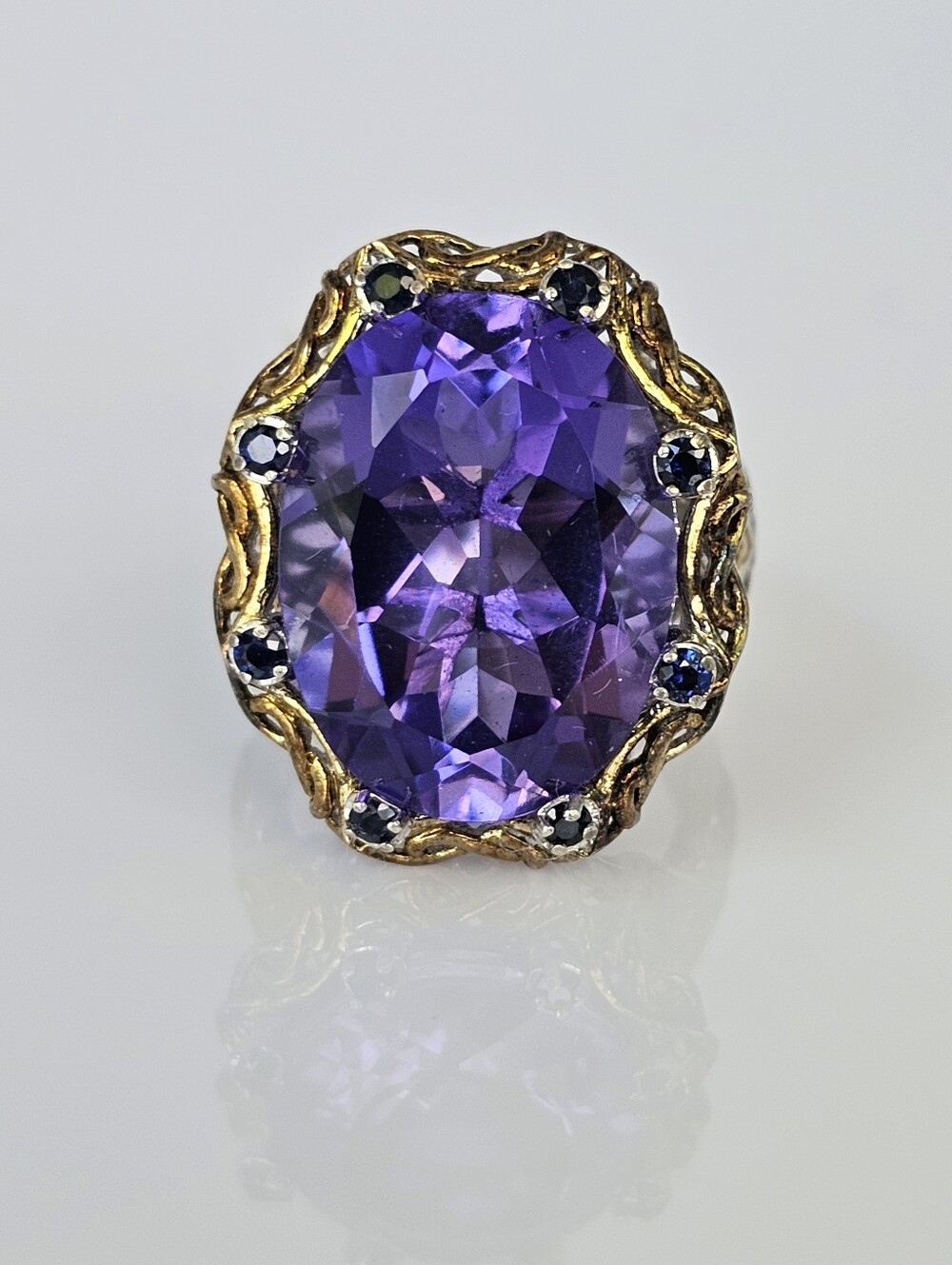 Retired Amethyst & Blue Sapphire Ring Palladium Sterling Silver 18K Size 8!